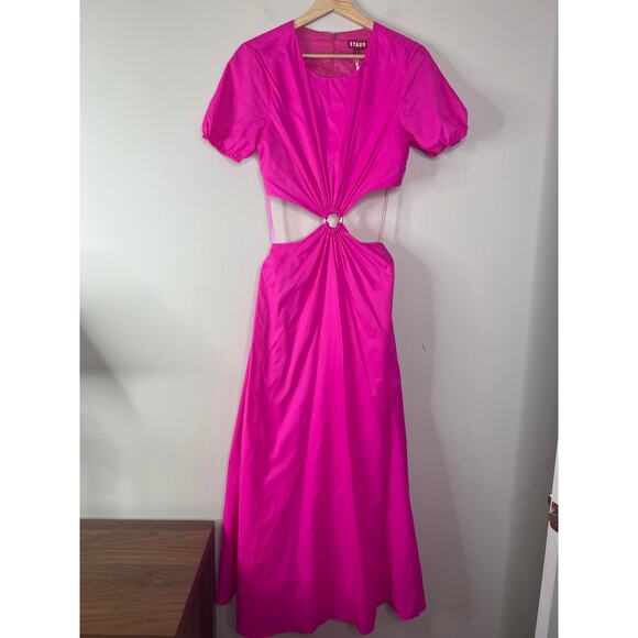 NWT Staud Calypso Cut-Out A-Line Puff Sleeve Zip Maxi Dress Bougainvillea Pink - Picture 2 of 9
